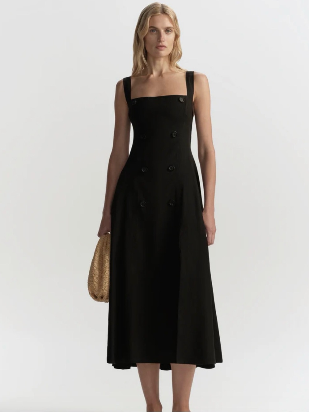 A.L.C. Black Square-Neck Linen Midi Dress with Button Detail